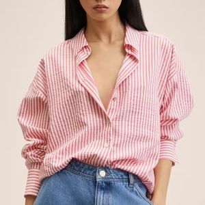 Mango Oversized Pink Seersucker Button Down Shirt